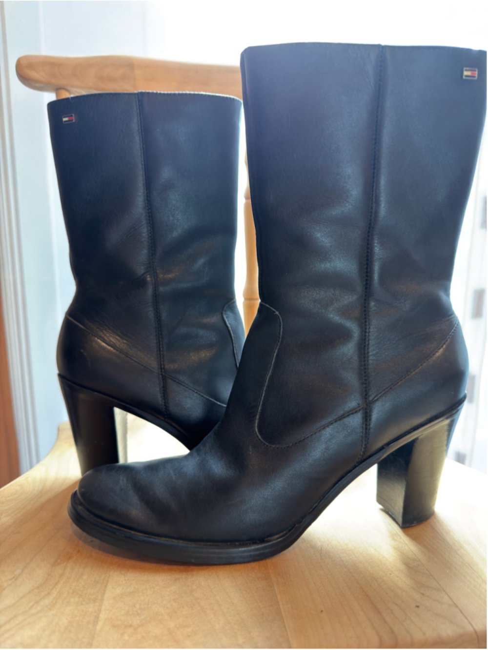 Tommy Hilfiger Black Leather Mid-Calf Boots Block Heel Side Zip Women’s - Picture 2 of 6